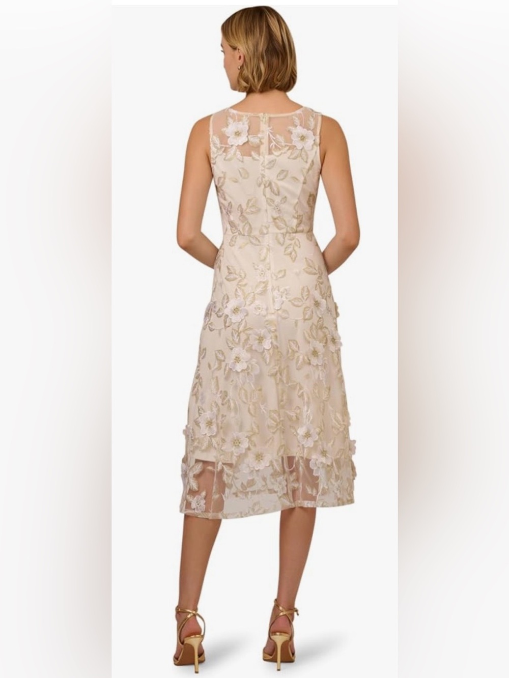 NWT Adrianna Papell Floral Embroidery Fit & Flare Ivory Midi Dress Size 12 - Picture 2 of 7